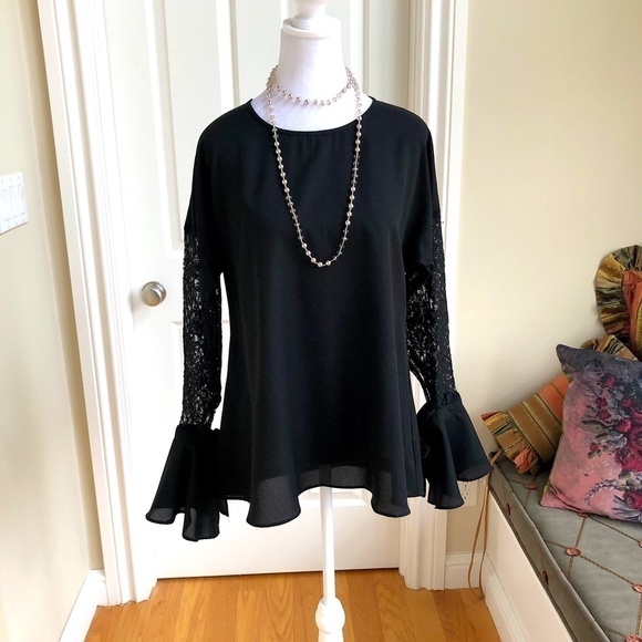 Loveriche Top Vintage Lace Sleeve Black Blouse Flared Cuffs (S) - Picture 1 of 8